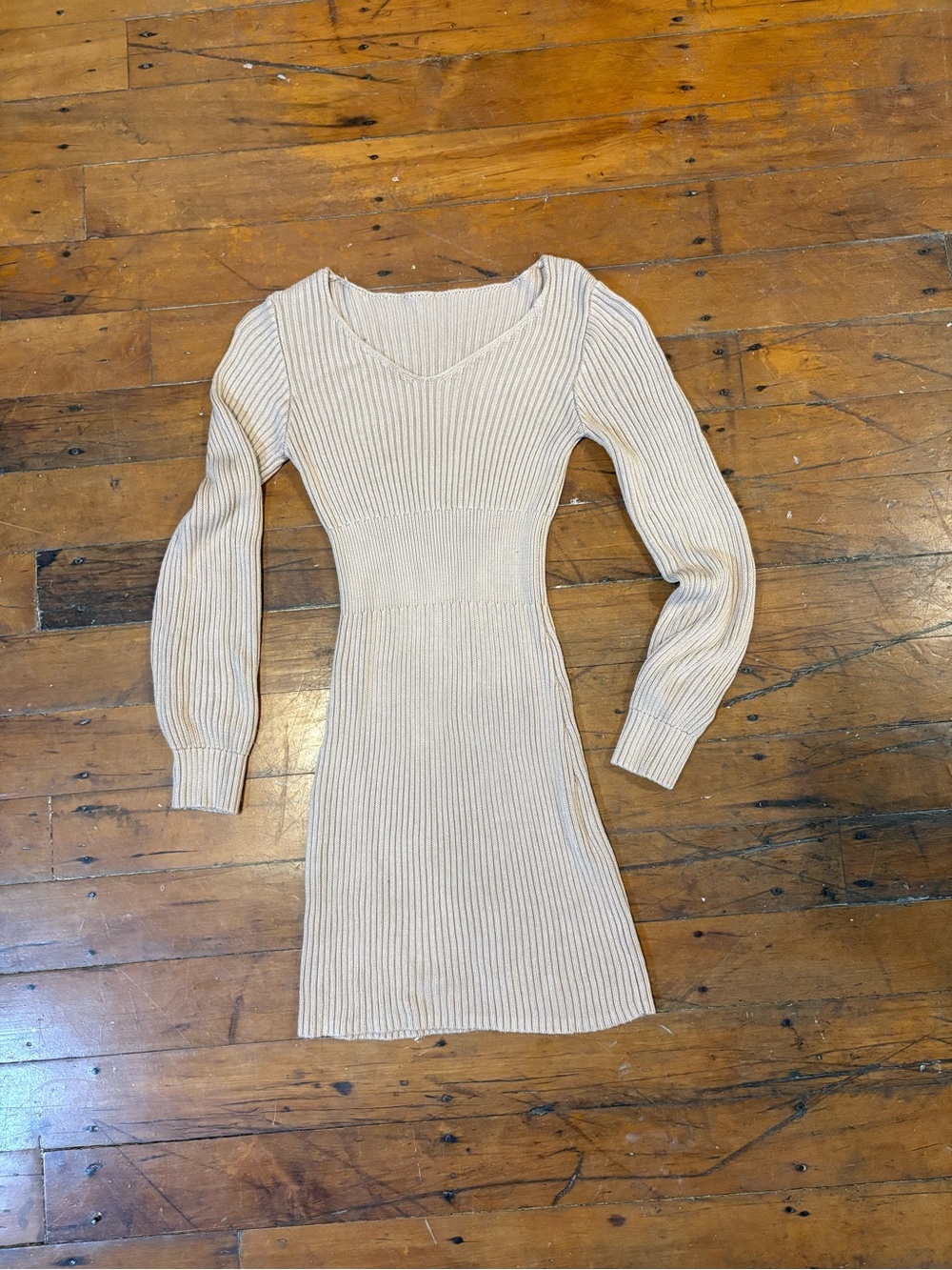 Ribbed Knit Long Sleeve Bodycon Dress in Cream